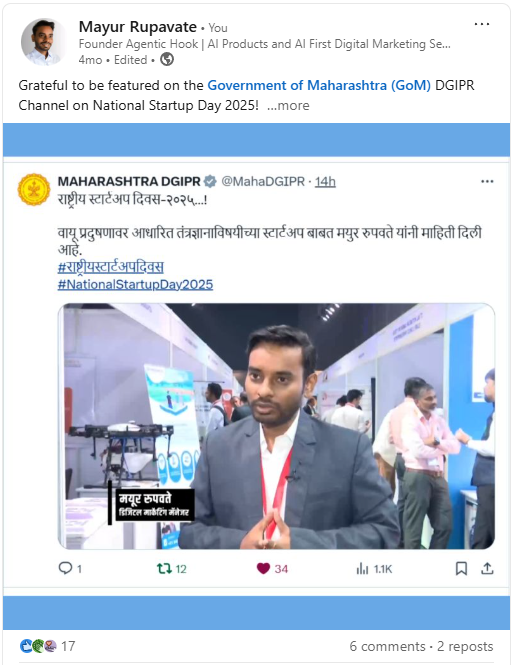Mayur Rupavate Featured on Government of Maharashtra on national startup day 2025